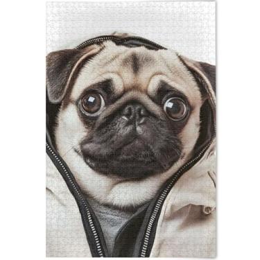 Imagem de Quebra-cabeça fofo com estampa de cachorro pug adulto 500 peças engraçado personalizado natureza decoração pintura artística, 52 cm x 37,8 cm