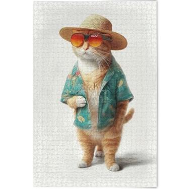 Imagem de Quebra-cabeça de gato engraçado gatinho legal adulto 500 peças pintura animal paisagem quebra-cabeça personalizado elefante branco presentes de festa, 52 x 37,8 cm