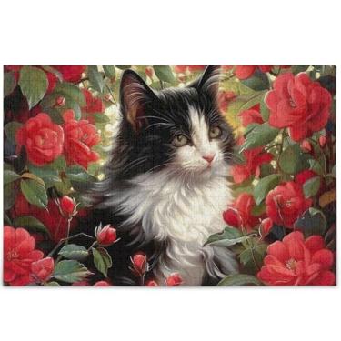 Imagem de Quebra-cabeça de pintura gatinho gato flores adultos 1000 peças quebra-cabeça animal flor arte família divertido quebra-cabeça personalizado família elefantes brancos, presentes, 75 cm x 50 cm