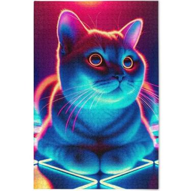 Imagem de Quebra-cabeça de gato neon personalizado para adultos 1000 peças arte engraçada impressão animal quebra-cabeças divertidos para adultos elefantes brancos presentes quebra-cabeça, 75 cm x 50 cm