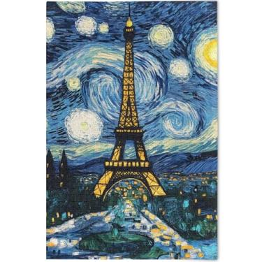 Imagem de Toalha Eiffel Paris Noite Estrelada Personalizada Adultos Quebra-cabeça 1000 Peças Presentes Tecnológicos para Amantes Cena Quebra-cabeça Colorido Cenário Animal Arte Decorativa, 75 cm x 50 cm