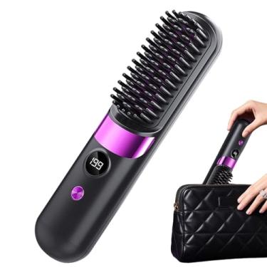 Imagem de Escova de alisamento, pente antiescaldante de 4 configurações de temperatura, escova alisadora portátil sem fio recarregável, para hotel, viagem de fim de semana, dormitório, deslocamento diário
