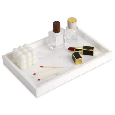 Imagem de Bandeja de mármore para banheiro, bandeja de mesa de banheiro de luxo natural, para cozinha, banheiro, bandejas decorativas de pedra para chave, café, perfume, joias, maquiagem (Jazz White, 30 x 20 x