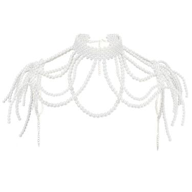 Imagem de AHANDMAKER 1 corrente de pérola branca ajustável 49 cm x 34 cm joia feminina rave colar de ombro para festa, roupas burlescas, decoração de fotografia boudoir de Halloween