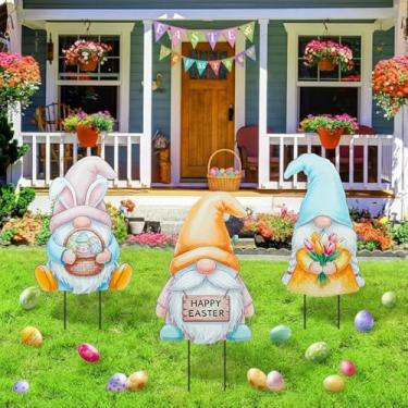 Imagem de DoubleFill 3 peças de decorações de páscoa ao ar livre 3D metal ovos de páscoa tulipa placas decorativas de jardim estacas de jardim ovos coelho gnomo decorações de gramado decoração de quintal para