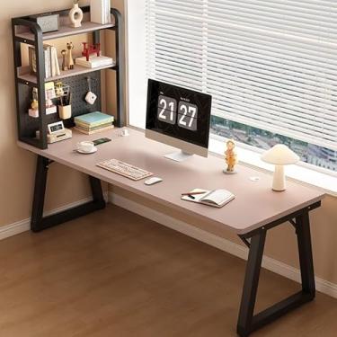 Imagem de Mesa mais bonita com estante de livros, mesa de escritório em casa resistente, armazenamento de quadro de suporte DIY, mesa de estudo de escrita para sala de estar e quarto (leite e preto, 140 x 60 x