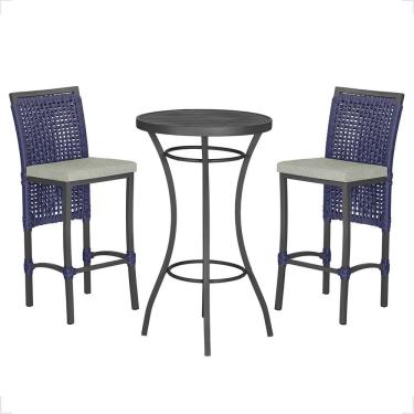 Imagem de Mesa Bistrô Com 2 Banquetas Roma Preta Corda Náutica 3 Trama Azul