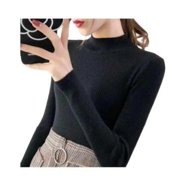 Imagem de Suéter Feminino De Gola Alta Slim Fit Para Outono/Inverno, Tricô Vinta