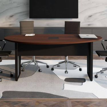 Imagem de Mesa de Reunião Orgânica 180x105cm com Caixa de Tomadas e Pés em Metal Corporate Louro Preto com Preto