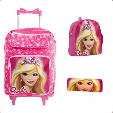 Imagem de kit Mochila Barbie Escolar Infantil Rodinha Suporte Garrafa Grande Tec