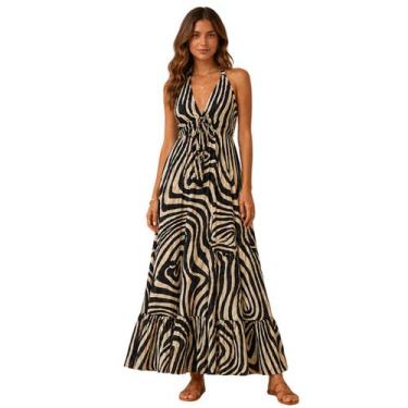 Imagem de Vestido Longo Estampado Costas Aberta Cor:PretoTamanho:Único - FMF, Pr