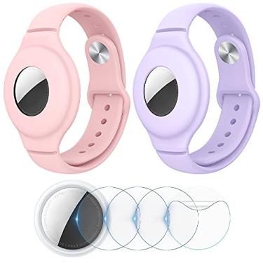 Imagem de VEGO Pulseira AirTag para crianças, pacote com 2 pulseiras de silicone + pacote com 4 películas antiarranhões para crianças, pulseira antiqueda (rosa + roxo)
