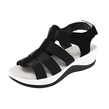 Imagem de Sandálias femininas de plataforma com laço de velcro moda verão respirável tecido elástico sandália anabela tira no tornozelo (preto, 8)