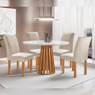 Imagem de Conjunto Mesa Tampo Redondo Pluis Vidro Kansas 100cm 4 Cadeiras Canela Cinamomo/Off White/Suede Bege