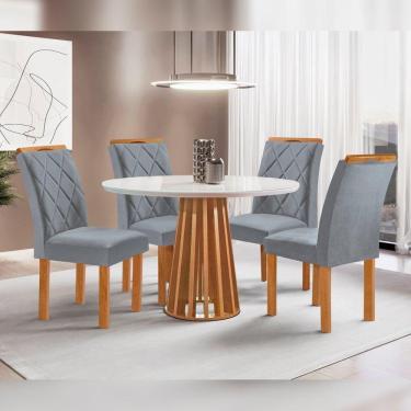 Imagem de Conjunto Mesa Tampo Redondo Plus Vidro Kansas 100cm 4 Cadeiras Arthus Cinamomo/Off White/Suede Cinza