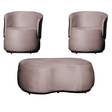 Imagem de Kit 2 Poltronas e 1 Puff Grande Estilo Orgânico Beatriz Veludo Composê Corino Preto - Estopar