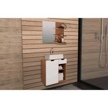 Imagem de Conjunto de Banheiro Armário c/ Espelho BN3608 e Balcão Suspenso BN3605 c/ Cuba Pia BN3600 60cm cor Amêndoa/Branco - Tecno Mobili