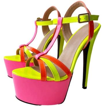 Imagem de Frankie Hsu Sandálias de salto alto sexy com plataforma Stiletto com tira em T, moda neon colorido fluorescente rosa laranja amarelo estilo de festa, sapatos de designer de tamanho grande para