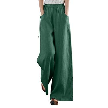 Imagem de Calça de moletom feminina pequena cintura alta calça de moletom de linho de perna larga de verão calça casual rodada, Verde, M