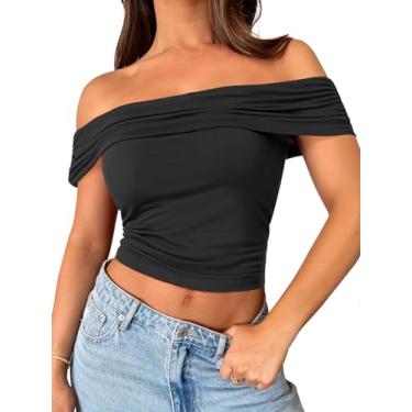 Imagem de MEROKEETY Camisetas femininas de verão 2024 com ombros de fora e manga curta franzidas sexy, Preto, GG