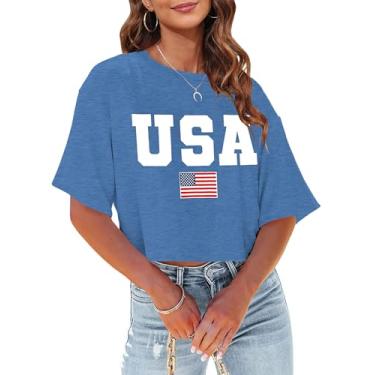 Imagem de Camiseta cropped feminina com bandeira americana EUA camiseta patriótica 4 de julho Memorial Day camiseta feminina cropped tops, Azul dos EUA, M