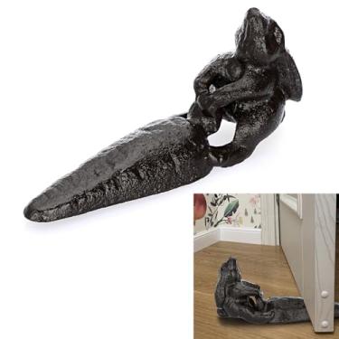 Imagem de Sumnacon Batente de porta de ferro fundido resistente rústico para porta evita perfuração, cunha de porta de ferro vintage na superfície do chão para escritório doméstico industrial comercial, coelho com cenoura