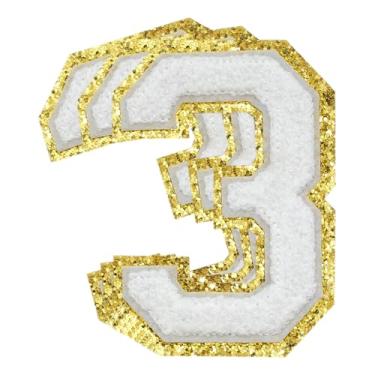 Imagem de 3 Pçs Remendos de Número de Chenille Remendos Dourados Glitter Ferro em Remendos de Letras Varsity Remendos Bordados de Chenille Remendos Costurados para Roupas Chapéu Bolsas Jaquetas Camisa (Ouro, 3)