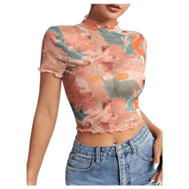 Imagem de Milumia Camisetas femininas de malha com estampa floral, manga curta, gola redonda, acabamento em alface, transparente, Rosa coral, P