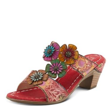 Imagem de Spring Step L'Artiste Sandálias femininas SUMMERFUN pintadas à mão - Salto em couro, design floral assimétrico, Vermelho Multi, 6.5-7