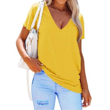 Imagem de lime flare Camiseta feminina sexy de verão com gola V profunda e manga curta, Amarelo, G