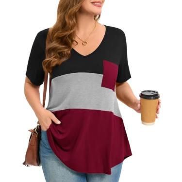 Imagem de MONNURO Camisetas femininas plus size de manga curta com cores contrastantes, casuais, verão, caimento solto, com bolso, Preto-cinza - vinho tinto, 3X