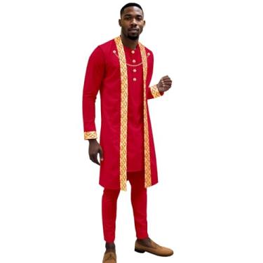 Imagem de DBQ Conjunto de 2 peças masculino africano tradicional, corrente bordada dourada, conjunto de camisa e calça Dashiki, Vermelho, M