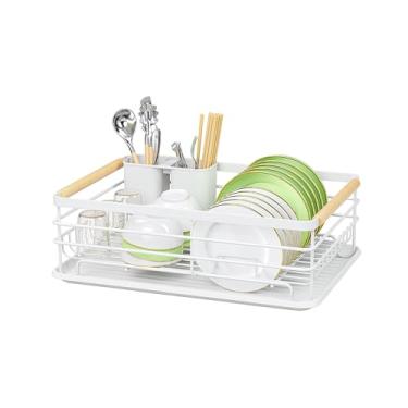 Imagem de Escorredor de Louças Pratos Talheres Metal Madeira 43x32cm Branco Cesto Design Moderno Premium