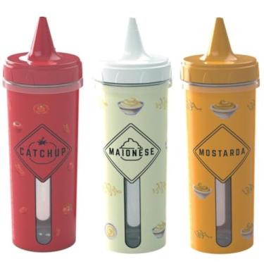 Imagem de Kit com 3 Bisnagas para Molhos BPA Free: Bisnaga Ketchup250ml, Maionese250ml e Mostarda250ml com Tampa de Rosca e Pino Higiênico