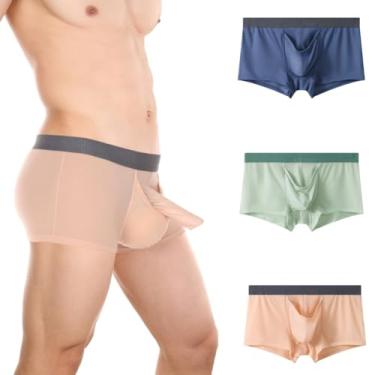 Imagem de Feelonger Cueca boxer masculina com bolsa dupla, bolsa separada transparente e redundante para fisioterapia, Azul marinho + verde + rosa, GG