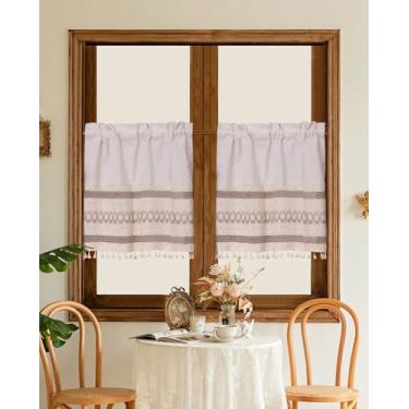Imagem de BOYOUTH Cortina de saia curta listrada marrom e geométrica de linho e algodão, cortinas com bolso de varão para cozinha, sala de jantar, café, banheiro decoração de janela pequena, 73 x 91 cm, 2