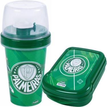 Imagem de Kit Porta Lanche Shakeira 320ml Palmeiras Escola Infantil - Plasutil