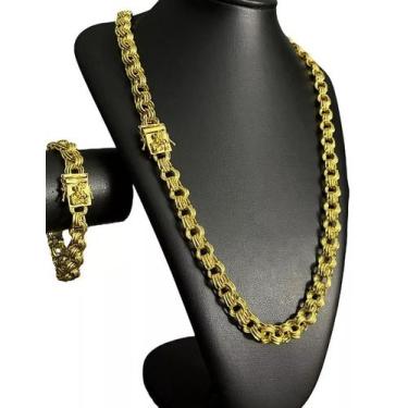 Imagem de Cordão + Pulseira Friso 12mm Fecho São Jorge - Banhado A Ouro - ToJoia