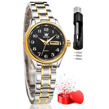 Imagem de OLEVS Relógios femininos de aço inoxidável dourado, prata, à prova d'água, analógico, grande, fácil leitor, dia, data, relógios de pulso femininos, Relógios femininos: pulseira de relógio prata e ouro