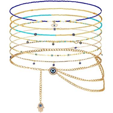 Imagem de JenPen 8 peças corrente de barriga ajustável verão praia biquíni contas de cintura boho para mulheres adultos corrente corporal multicamadas, as pictures shown, liga, resina e contas de semente de