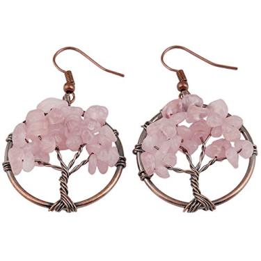 Imagem de Nupuyai Brincos com pingente de árvore da vida, brincos de gancho de pedras polidas para mulheres, Pedra Metal, Pedra de cristal de quartzo rosa,