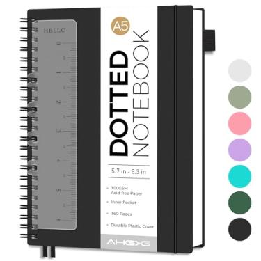 Imagem de AHGXG Caderno com pontos em espiral A5, 160 páginas, papel grosso de 100 g/m², diário de capa de plástico à prova d'água para diário de balas, esboços, 14,5 cm x 21 cm, preto