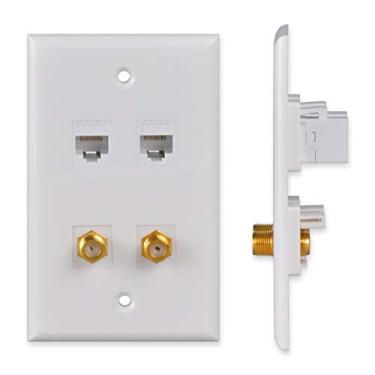Imagem de Conwork Placa de parede Ethernet e coaxial - Placa de parede Keystone coaxial Cat6 com 2 portas Ethernet RJ45 + 2 cabos coaxiais de TV/conectores de inserção tipo F