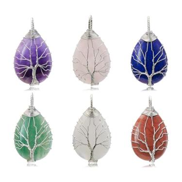 Imagem de Flemtai Conjunto de pingente de pedra de gota natural – 6 cores árvore da vida amuletos de pedra preciosa embrulhada em arame para colar de joias, Ametista/Quartzo Rosa/Lápis-lazúli/Aventurina