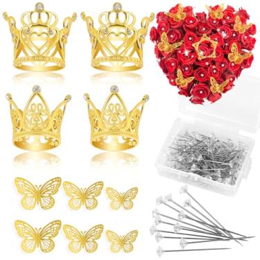 Imagem de CCINEE Conjunto de Acessórios para Buquê de Flores com 140 Peças, 4 Mini Coroas Douradas, 36 Adesivos de Borboletas Douradas 3D e 100 Pinos de Diamante para Topo de Bolo, Dia Das M ()