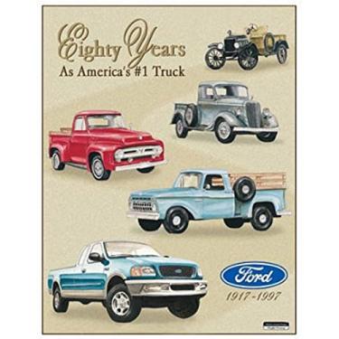Imagem de Desperate Enterprises Ford Trucks - Placa de estanho Tribute Eighty Years - Decoração de parede de metal vintage nostálgica - Feita nos EUA - 32,3 cm L x 40,6 cm A