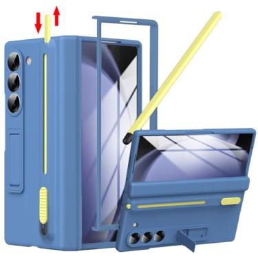 Imagem de YQODSZ Capa para Samsung Galaxy Z Fold 5 com suporte para caneta S e caneta Stylus, Z Fold 5 porta-canetas com suporte Z Fold 5 capa de dobradiça cobertura total para Z Fold 5 azul claro