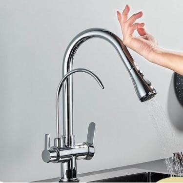 Imagem de Filtro de sensor de toque Torneira de cozinha de água Torneira de latão antigo Torneira misturadora com guindaste giratório de água pura para cozinha, cromado