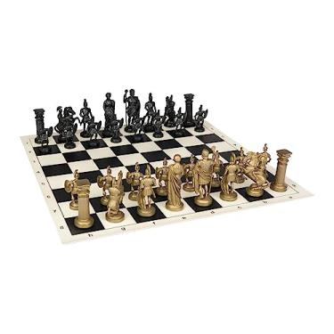 Imagem de Conjunto de xadrez romano – tabuleiro de xadrez de vinil preto/branco – Tamanho 43, 7,6 cm + peças de xadrez romano 9,4 cm preto/dourado