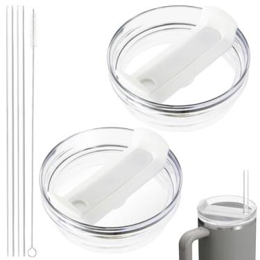 Imagem de Tampa de copo de 1,134 g compatível com Stanley, pacote com 2 tampas de reposição para copos Stanley Quencher 2.0 Copo de 1,134 g, com canudos e escova de limpeza (branco claro)